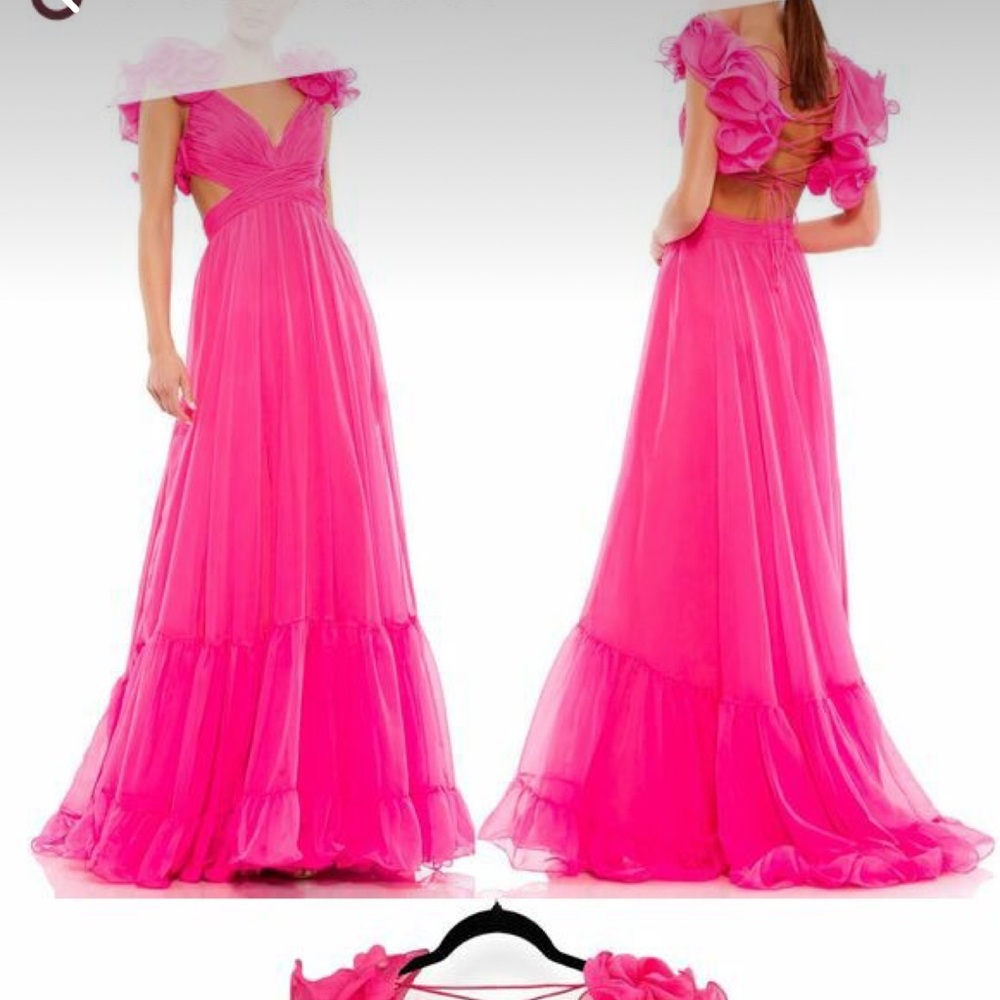 NEW Mac Duggal Ruffle Tiered Cut-Out Lace Up Chiffon Gown - Hot Pink
